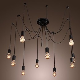 Lampadario vintage nero 10 luci con lampadine incluse, sospensione regolabile