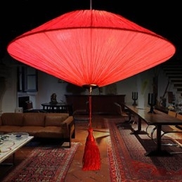 Lampada a sospensione in tessuto moderna con loto e lanterne rosse, 40 cm