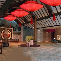 Lampada a sospensione in tessuto moderna con loto e lanterne rosse, 40 cm