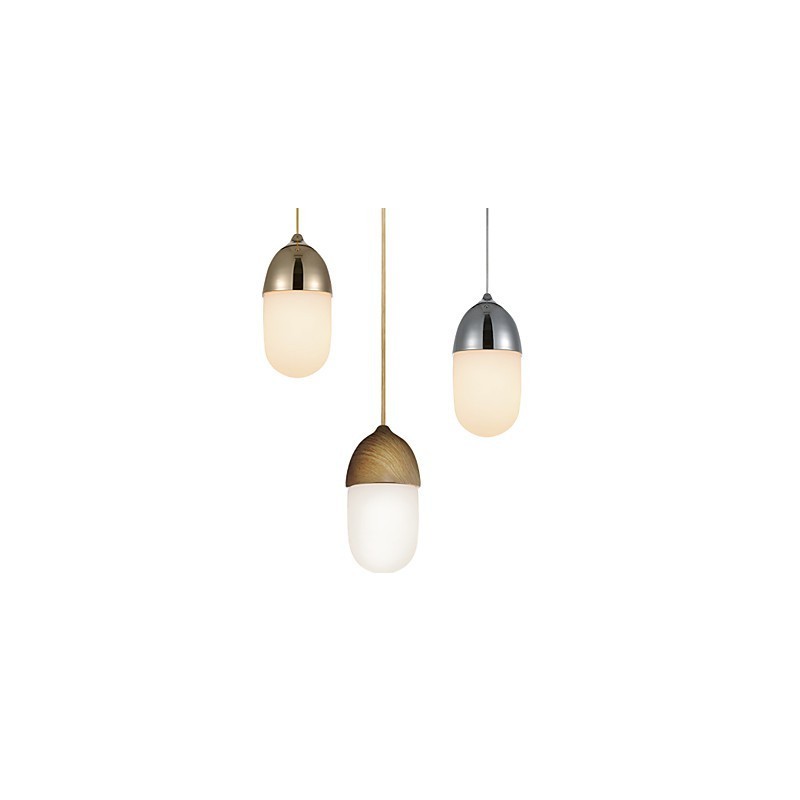 Lampada a sospensione Mini Acorn 1 luce finitura effetto legno cromo dorato acciaio al carbonio e vetro