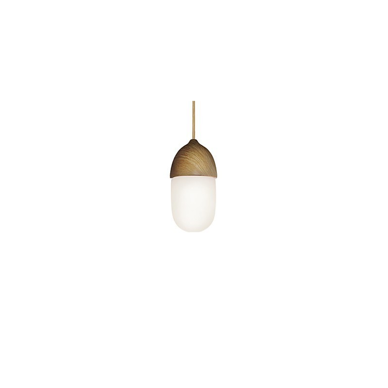 Lampada a sospensione Mini Acorn 1 luce finitura effetto legno cromo dorato acciaio al carbonio e vetro