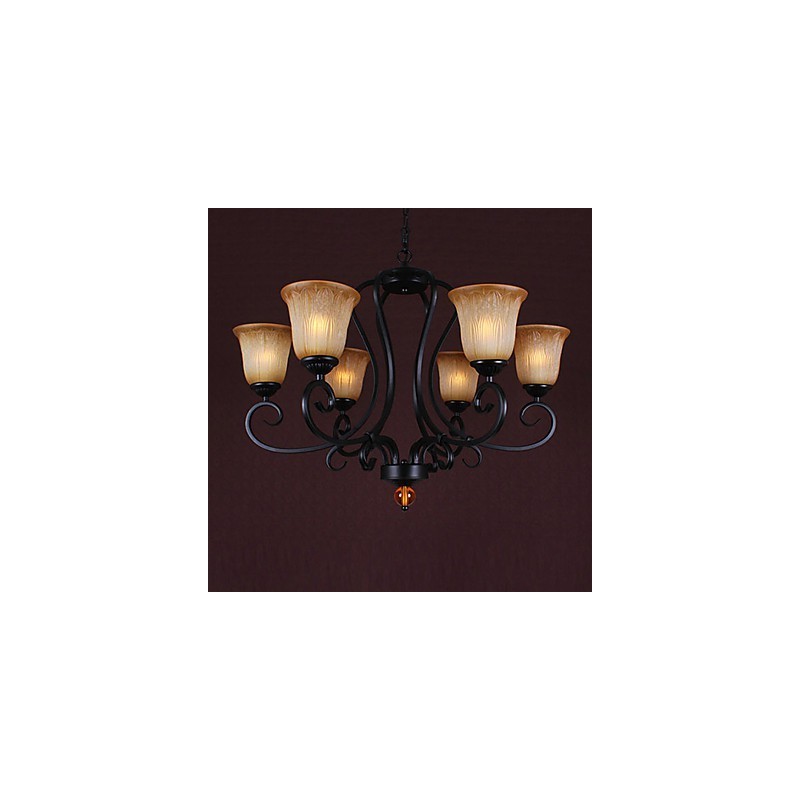 Lampadario classico tradizionale a candela dipinto 6 luci nero e vetri gialli