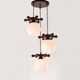 Lampada a sospensione in legno massello e vetro bianco, 3 luci E26/E27, regolabile