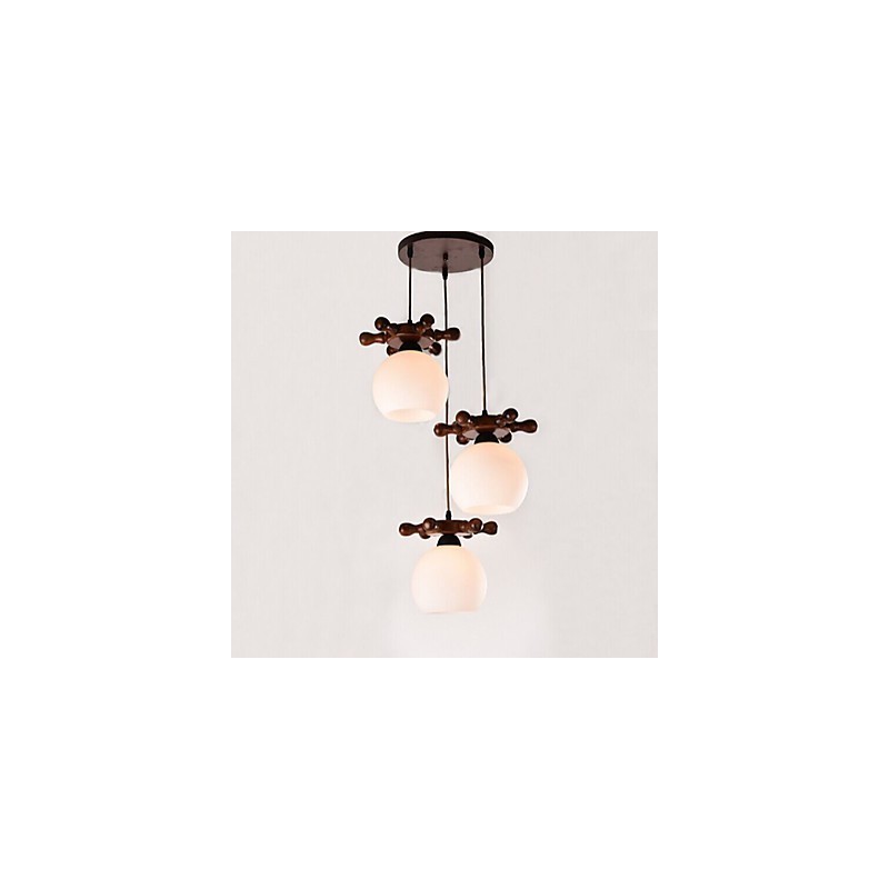Lampada a sospensione in legno massello e vetro bianco, 3 luci E26/E27, regolabile