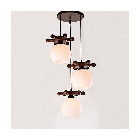 Lampada a sospensione in legno massello e vetro bianco, 3 luci E26/E27, regolabile