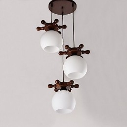 Lampada a sospensione in legno massello e vetro bianco, 3 luci E26/E27, regolabile