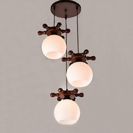 Lampada a sospensione in legno massello e vetro bianco, 3 luci E26/E27, regolabile