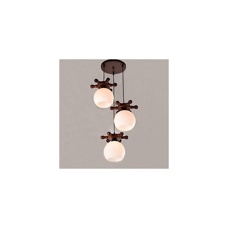 Lampada a sospensione in legno massello e vetro bianco, 3 luci E26/E27, regolabile