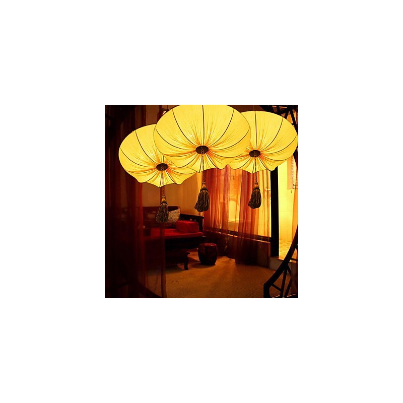 Lampadario a sospensione rotondo rosso in tessuto stile lanterna foglia di loto, 30 cm