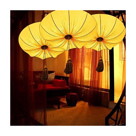 Lampadario a sospensione rotondo rosso in tessuto stile lanterna foglia di loto, 30 cm