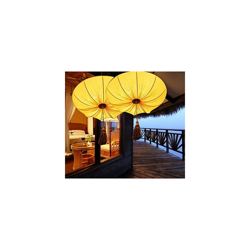 Lampadario a sospensione rotondo rosso in tessuto stile lanterna foglia di loto, 30 cm