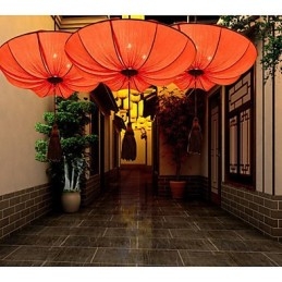 Lampadario a sospensione rotondo rosso in tessuto stile lanterna foglia di loto, 30 cm