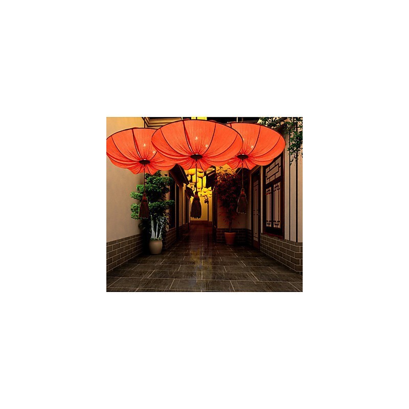 Lampadario a sospensione rotondo rosso in tessuto stile lanterna foglia di loto, 30 cm