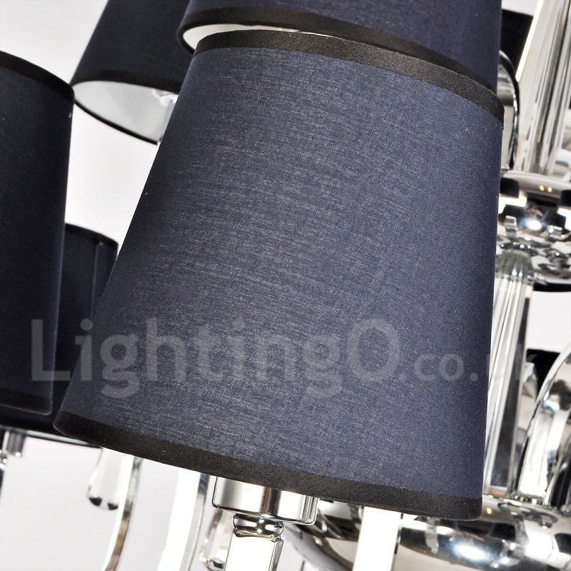 Lampadario in metallo cromato a 1 livello con cristalli, paralume in tessuto