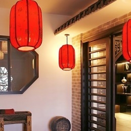Lampada a sospensione lanterna rossa in pelle di pecora, 3 luci E26/E27, 30 cm