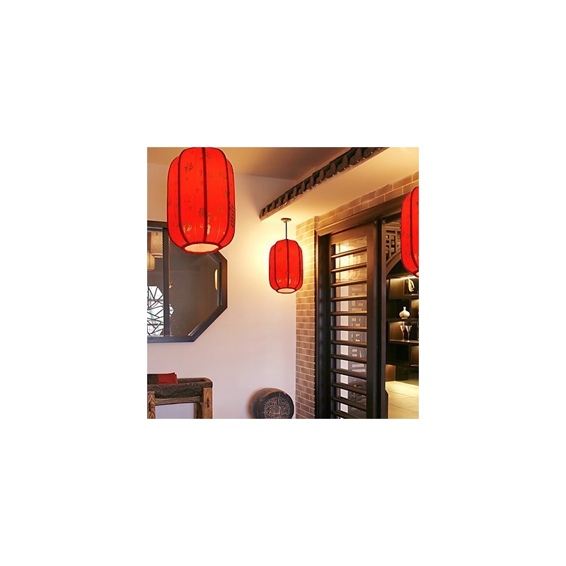 Lampada a sospensione lanterna rossa in pelle di pecora, 3 luci E26/E27, 30 cm