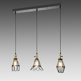 Lampada a sospensione classica vintage retrò country in metallo nero, 3 luci E26/E27