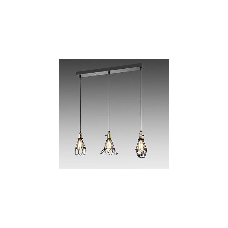 Lampada a sospensione classica vintage retrò country in metallo nero, 3 luci E26/E27