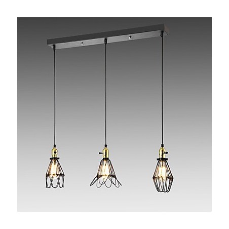 Lampada a sospensione classica vintage retrò country in metallo nero, 3 luci E26/E27