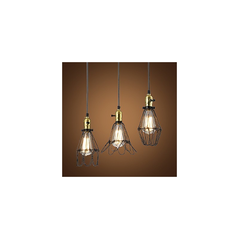 Lampada a sospensione classica vintage retrò country in metallo nero, 3 luci E26/E27