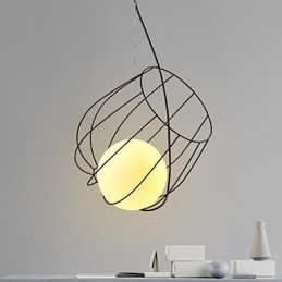 Lampada a sospensione retrò in metallo nero con paralume in vetro bianco
