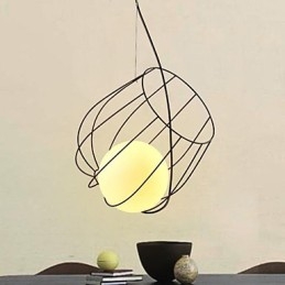 Lampada a sospensione retrò in metallo nero con paralume in vetro bianco
