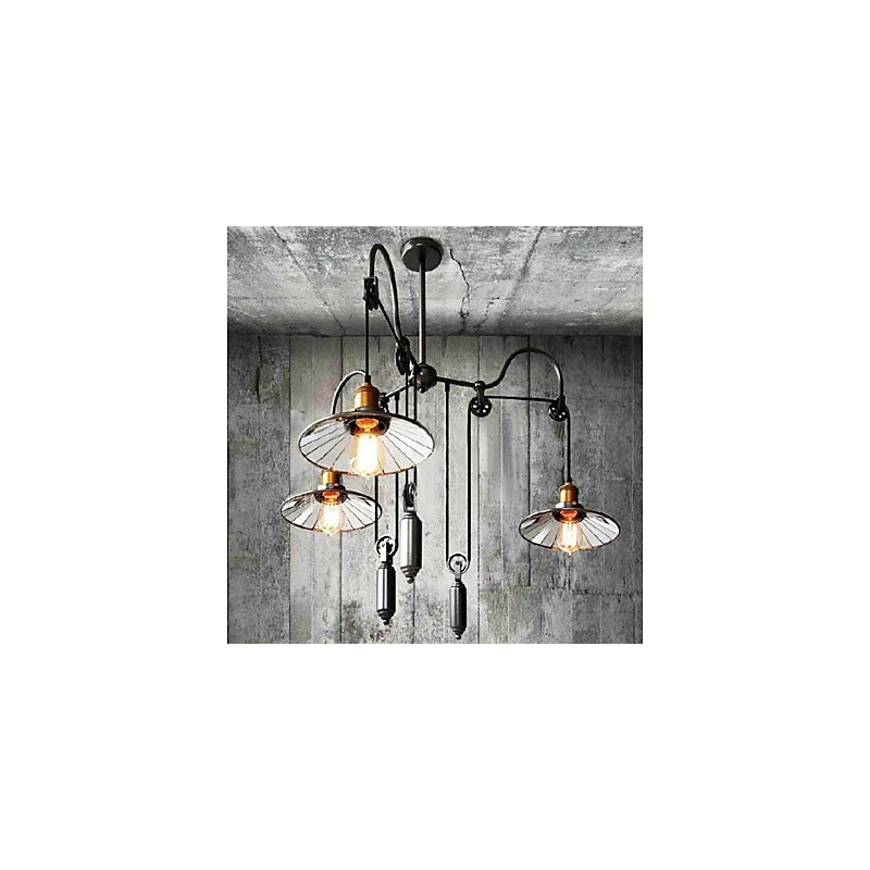 Lampadario mini country vintage in metallo dipinto nero con vetro, catena regolabile, 1 lampadina E26/E27