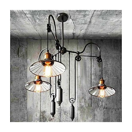 Lampadario mini country vintage in metallo dipinto nero con vetro, catena regolabile, 1 lampadina E26/E27