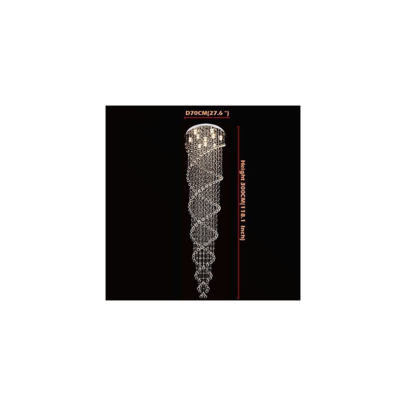 Lampadario a sospensione doppia spirale in cristallo K9, argento, 70 x 300 cm