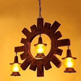 Lampadario a sospensione rustico in legno e vetro giallo, stile country americano