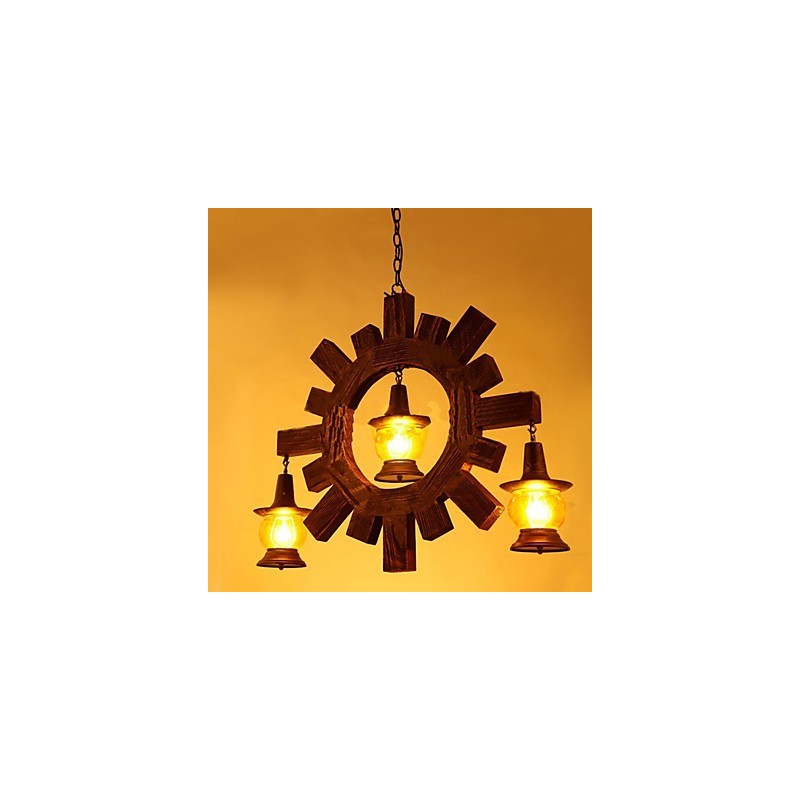 Lampadario a sospensione rustico in legno e vetro giallo, stile country americano