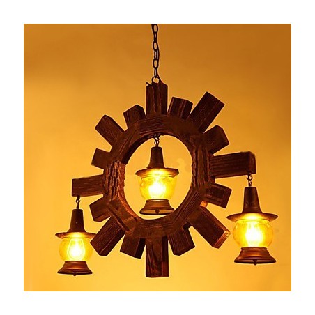 Lampadario a sospensione rustico in legno e vetro giallo, stile country americano