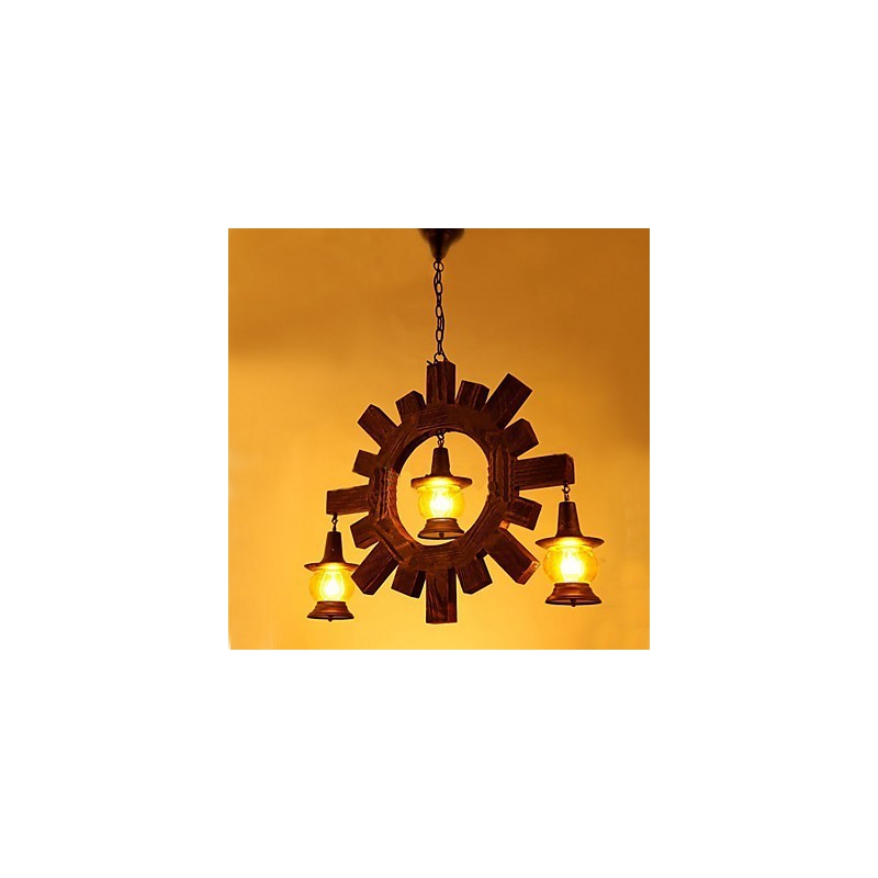 Lampadario a sospensione rustico in legno e vetro giallo, stile country americano