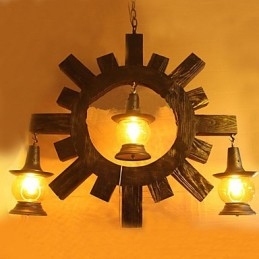 Lampadario a sospensione rustico in legno e vetro giallo, stile country americano