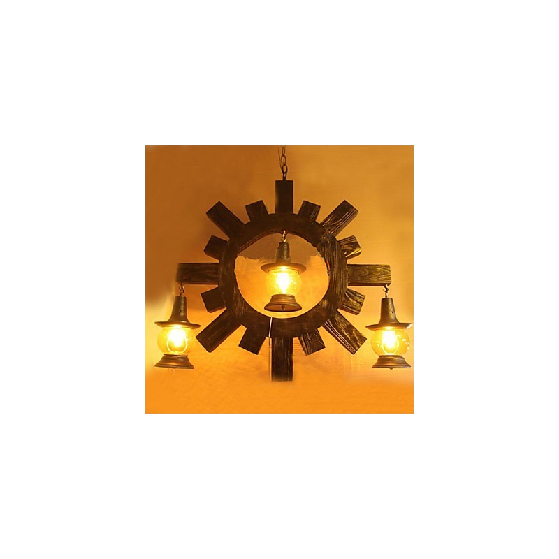 Lampadario a sospensione rustico in legno e vetro giallo, stile country americano