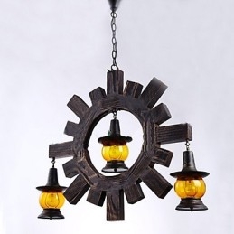 Lampadario a sospensione rustico in legno e vetro giallo, stile country americano