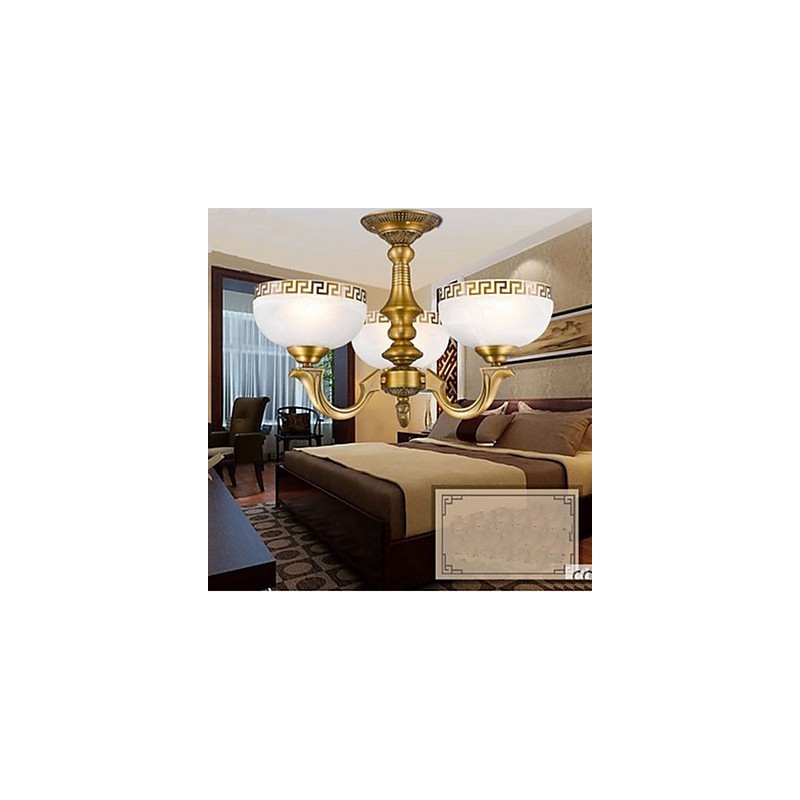 Lampadario a sospensione in metallo dorato e vetro beige, 3 luci E26/E27