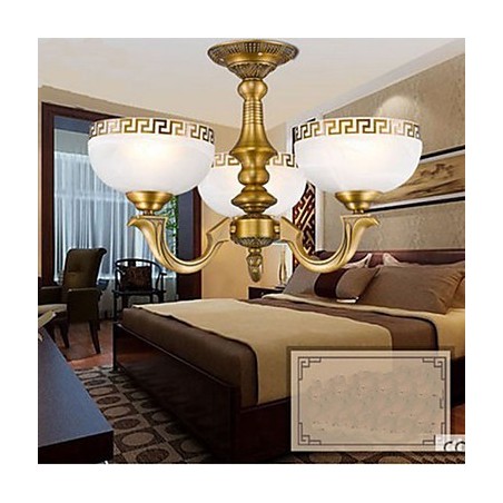Lampadario a sospensione in metallo dorato e vetro beige, 3 luci E26/E27