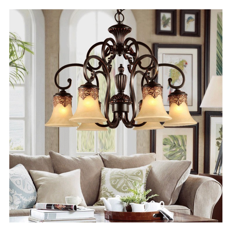 Lampadario a sospensione vintage country 6 luci in metallo e vetro