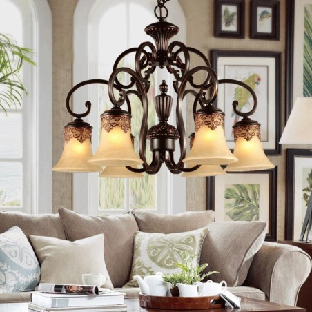 Lampadario a sospensione vintage country 6 luci in metallo e vetro