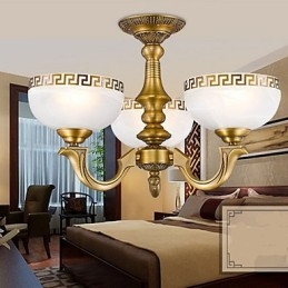 Lampadario a sospensione in metallo dorato e vetro beige, 3 luci E26/E27