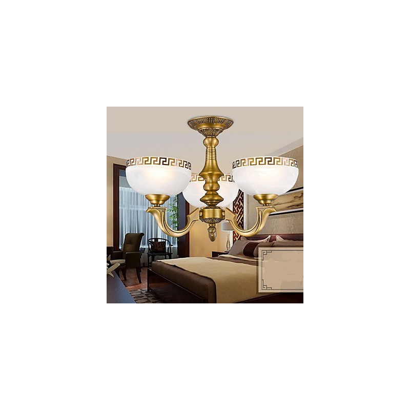Lampadario a sospensione in metallo dorato e vetro beige, 3 luci E26/E27