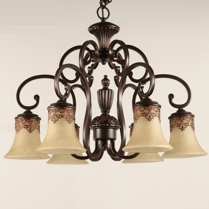 Lampadario a sospensione vintage country 6 luci in metallo e vetro