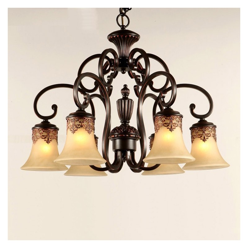Lampadario a sospensione vintage country 6 luci in metallo e vetro