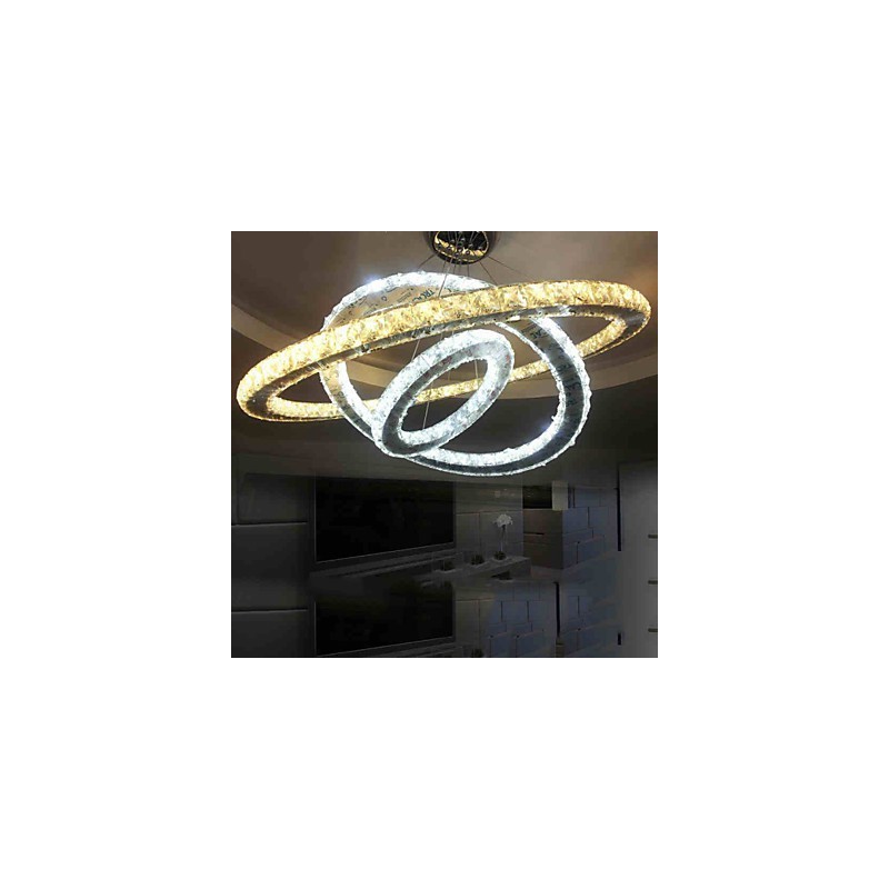 Lampadario a sospensione circolare LED dimmerabile in cristallo K9 argento, luce calda e fredda, telecomando