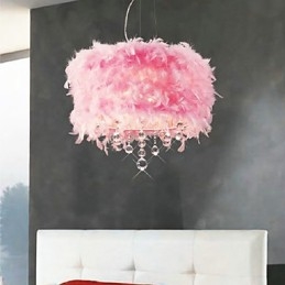 Lampadario a sospensione in cristallo con paralume in piume rosa 5 luci
