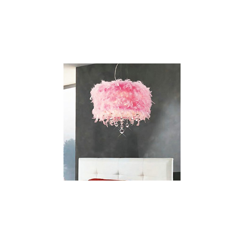 Lampadario a sospensione in cristallo con paralume in piume rosa 5 luci