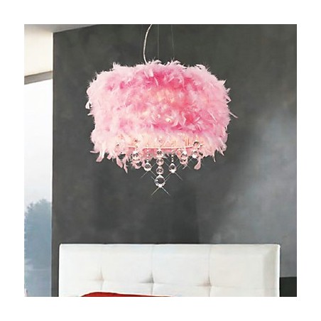 Lampadario a sospensione in cristallo con paralume in piume rosa 5 luci
