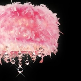 Lampadario a sospensione in cristallo con paralume in piume rosa 5 luci