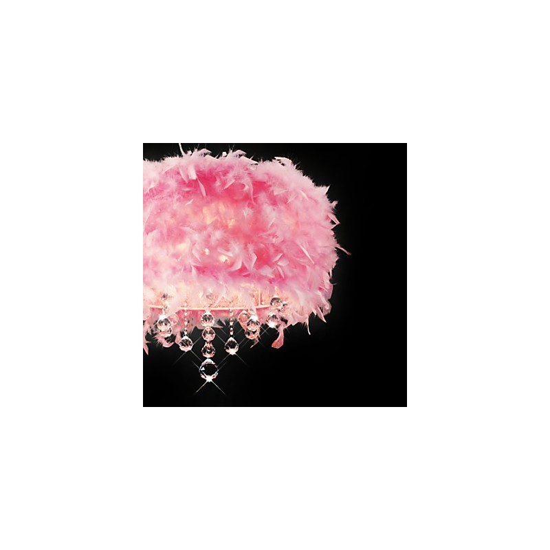 Lampadario a sospensione in cristallo con paralume in piume rosa 5 luci